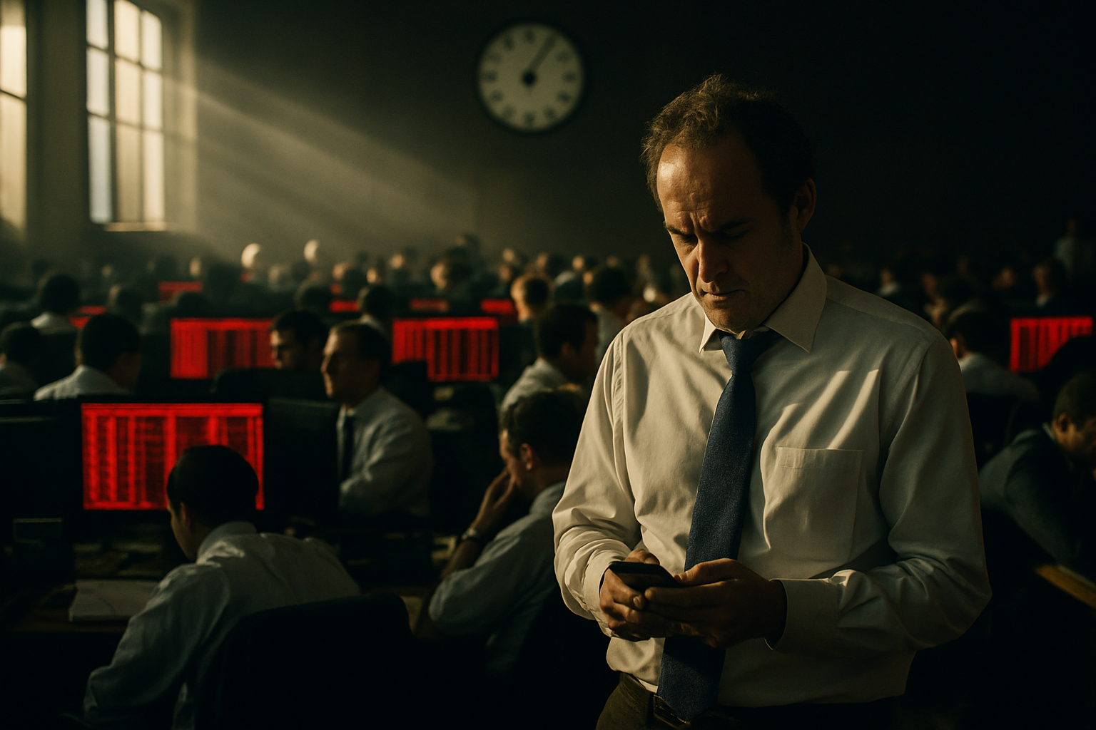 A tense trading floor with red screens and a trader in shadow